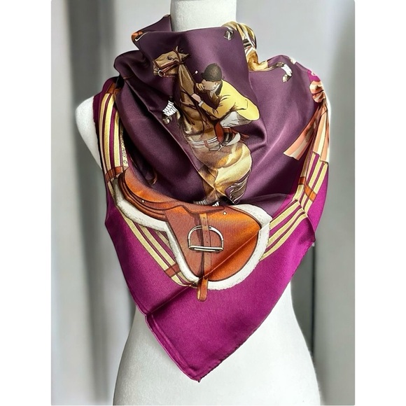 Hermes 100% Silk Purple & Fuchsia Pink Jumping Horses Large 90cm Square Scarf - Picture 1 of 10